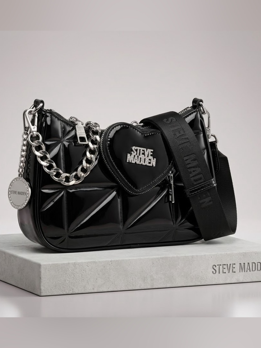Steve Madden Black Quilted Crossbody with Heart Pouch and Silver Chain(NWOT)